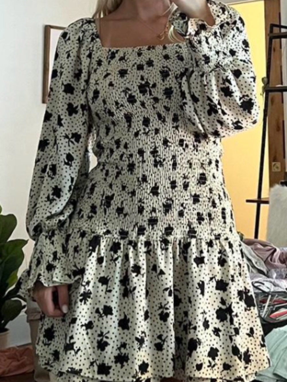 vestique Cream and Black Floral Smocked Long Sleeve Mini Dress